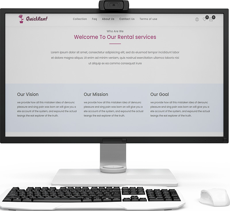 A website mockup on desktop screen showing rental website UI